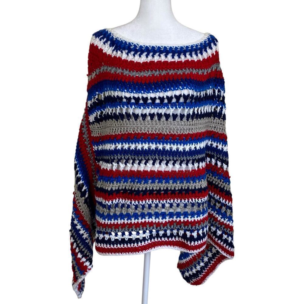Handmade Boho Chunky Open Knit Crochet Poncho Patriotic Colors Textured OS - Picture 3 of 16